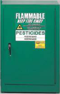 A cabinet marked for pesticides and flammable chemicals