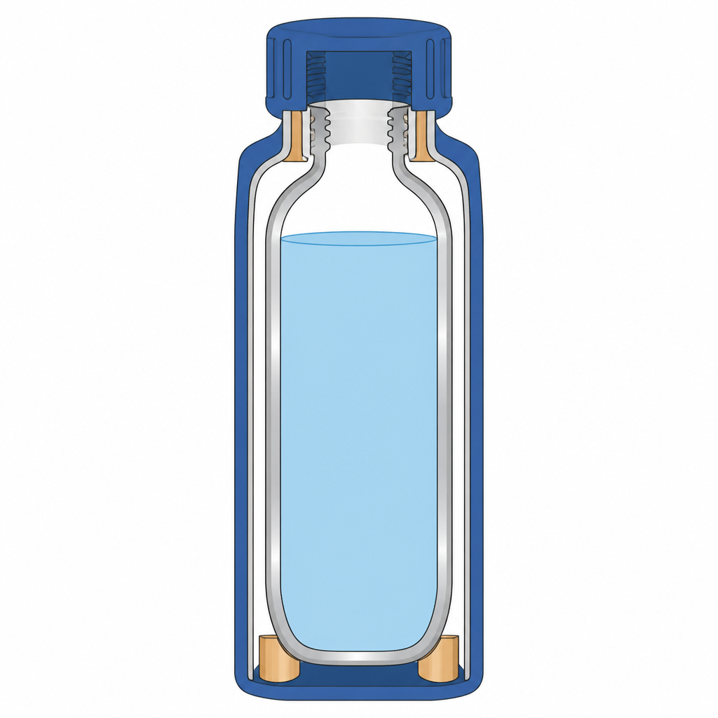 Inside a thermos: the two walls, the vacuum between them, the silvered surfaces and the supports that hold the glass in place.