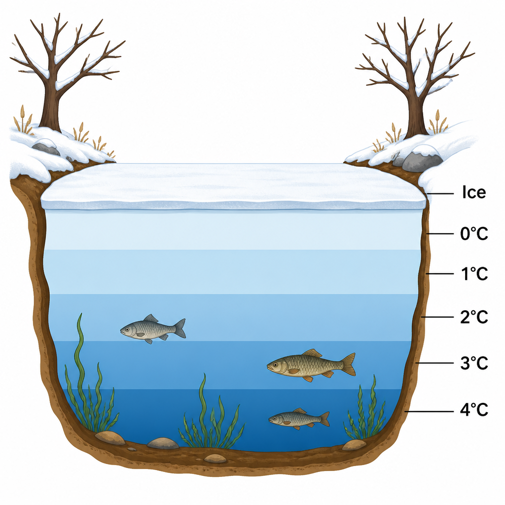 In a frozen pond the ice floats on top, 4°C water lies at the bottom, and fish live on beneath the ice.