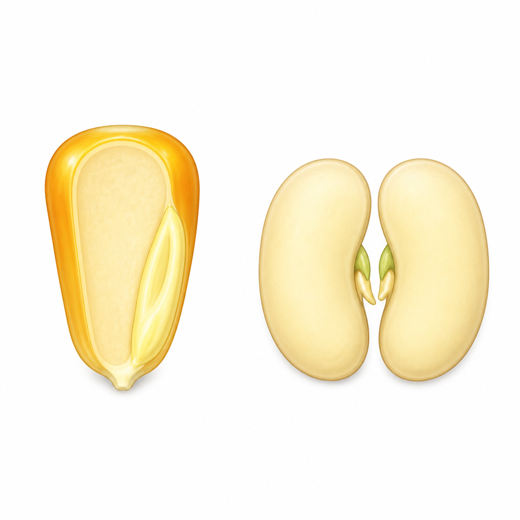Splitting a seed open shows whether it holds one cotyledon or two, and that alone decides whether the plant is a monocot or a dicot.