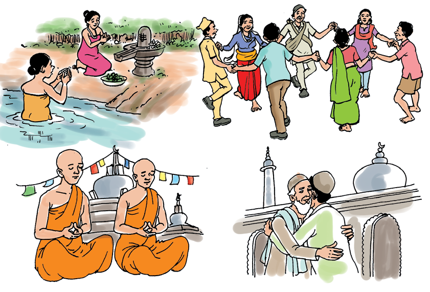 नदीमा गरिएको पूजा, हातेमालो गरेर नाच्ने भिड, स्तूपअगाडि ध्यानमा बसेका भिक्षु र मस्जिदअगाडि अँगालो हाल्ने दुई जना, फरक आस्था एउटै समाजमा सँगै बाँचेको दृश्य।