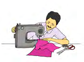 A tailor sewing clothes on his machine. From him we get the clothes we wear.