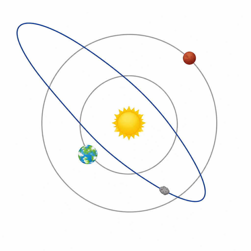 The blue planet is the Earth. The long narrow path of the asteroid can be seen cutting across the Earth's orbit at two places.