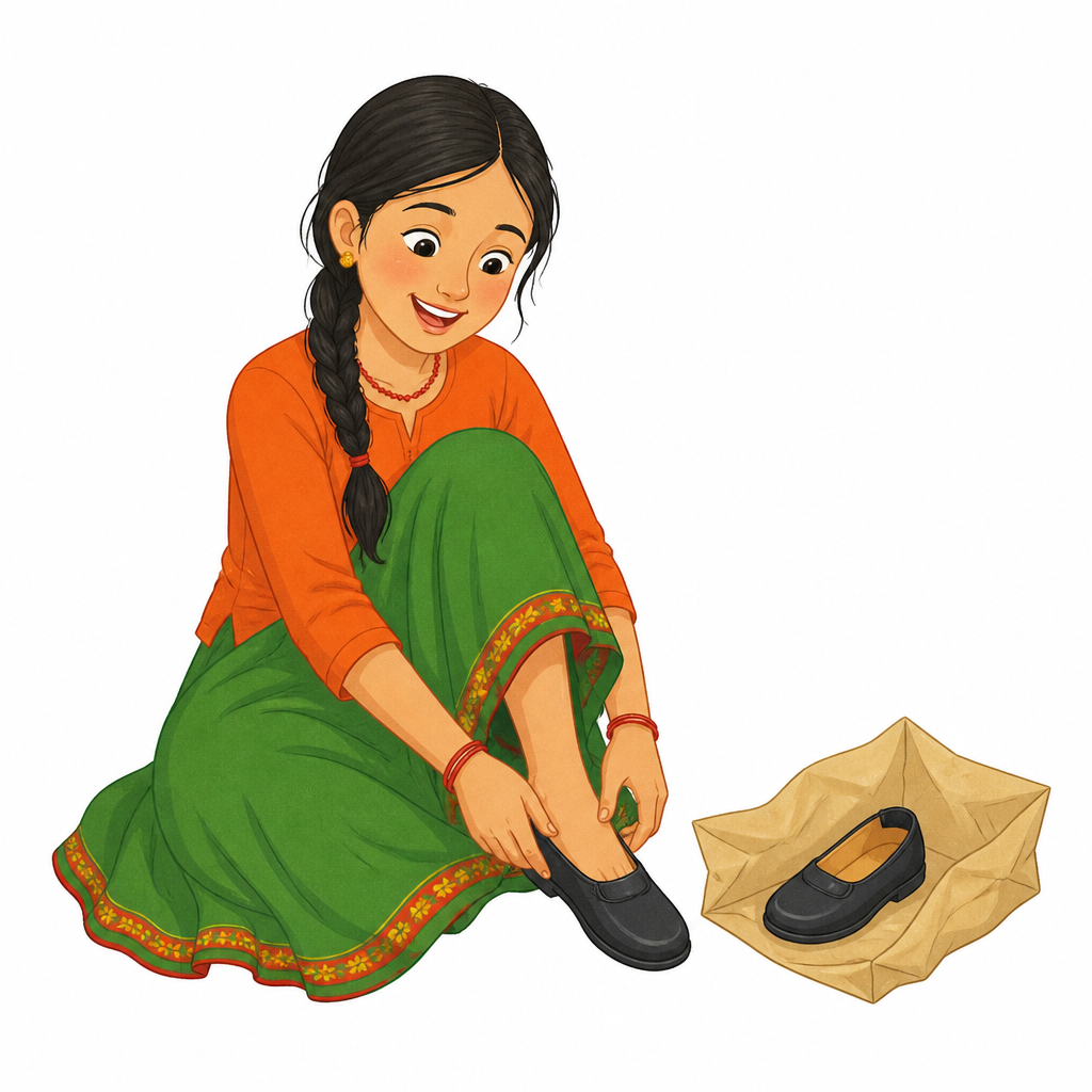 धागोले नापेर किनिएको जुत्ता ठ्याक्कै मिलेको छ, र त्यही मिलेको नाप नै गुलाफीको पहिलो खुसीको कारण हो ।