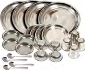 Plates, bowls, glasses and spoons are made of stainless steel because it does not rust.