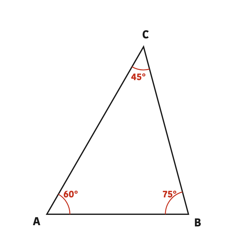 Triangle ABC with each of its three angle measurements written inside the triangle.