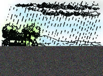 Heavy rain slanting down over dark trees: rainy.