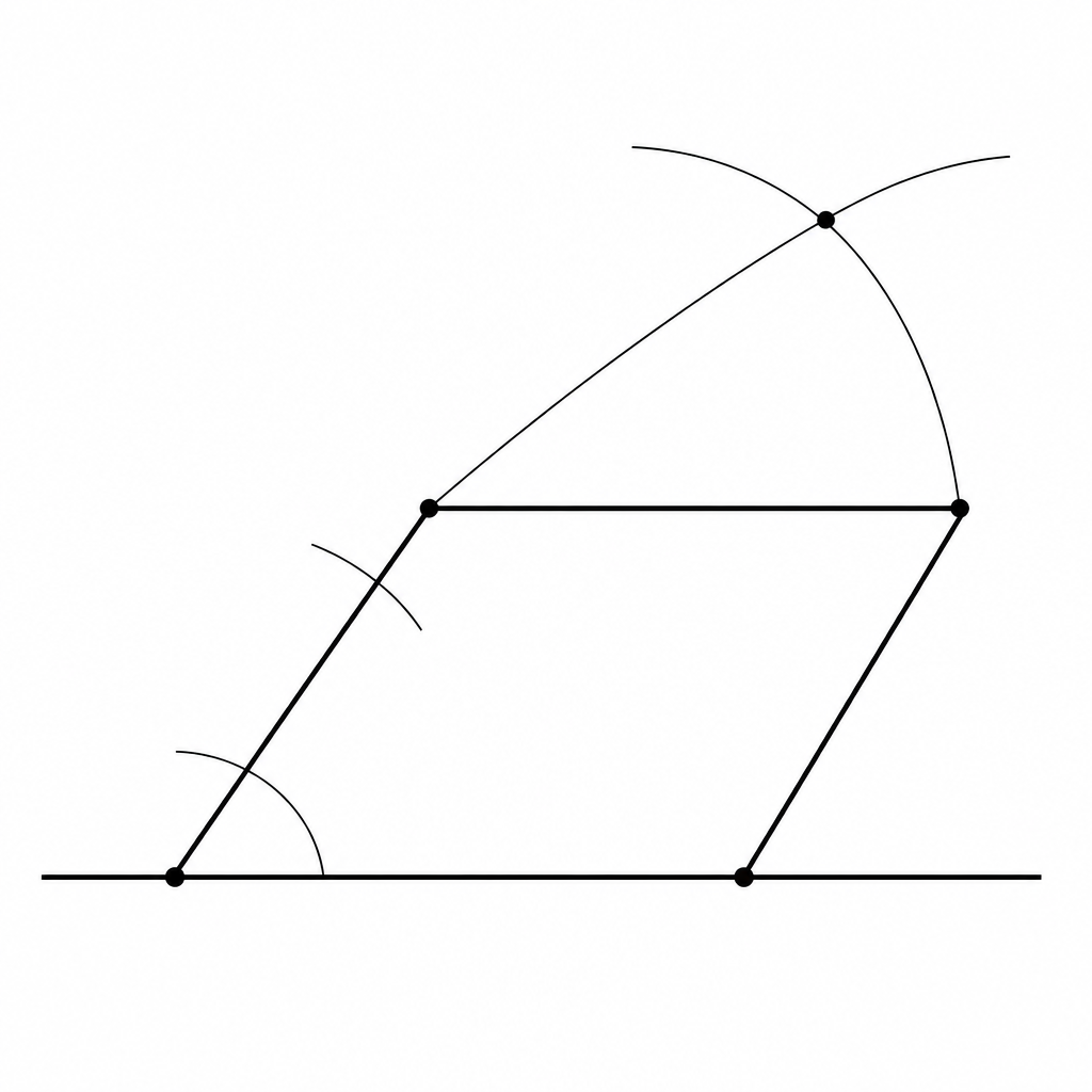 The 60 degree angle and the two crossing arcs are what decide where the fourth vertex C falls.