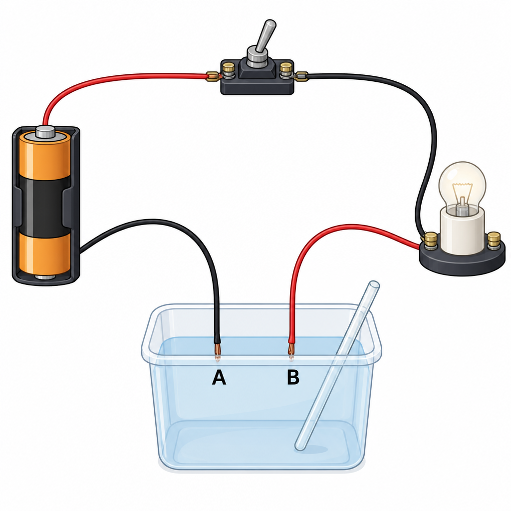 The open ends A and B of a circuit with a battery, a switch and a bulb are dipped in a solution. The bulb lights only if the solution has ions to carry charge between A and B.