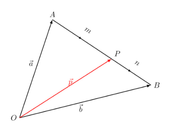 P lies between A and B, with AP marked m and PB marked n. The position vectors of A, P and B are all drawn from the origin O.