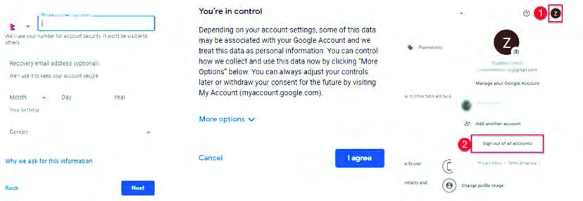 The form for phone number and date of birth, the I agree button that accepts the terms, and signing out through the round icon at the top right.
