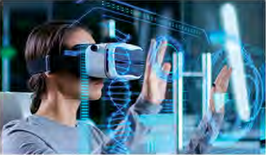 Wearing a headset, a user moves her hands in the air to interact with an artificial environment the computer has produced.