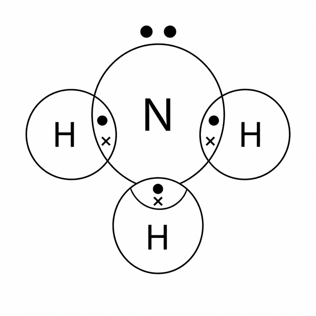 In ammonia, nitrogen shares one pair of electrons with each of three hydrogen atoms and keeps one pair to itself.