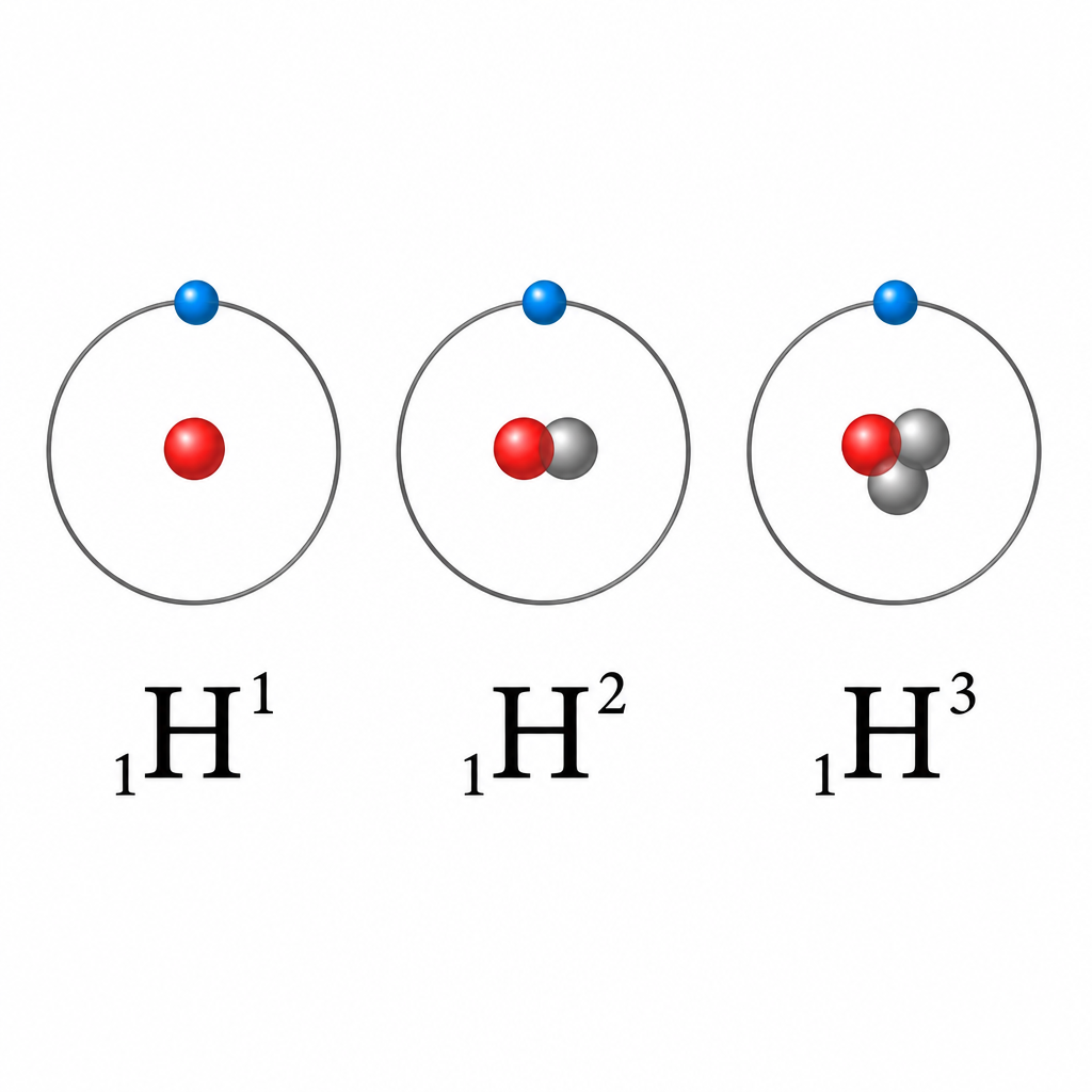 The three isotopes of hydrogen: the same atomic number 1, with atomic masses 1, 2 and 3