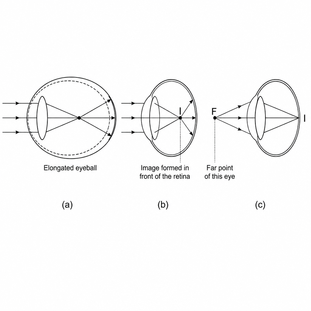 In myopia, rays from a distant object meet in front of the retina, and the far point F of the eye is at a finite distance instead of at infinity.