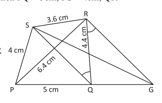 Rough sketch: quadrilateral PQRS with its measurements, the diagonal SQ, the parallel line through R and the new point G.
