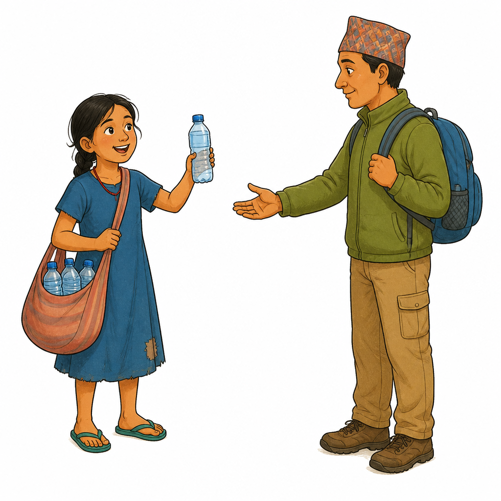 सडकको छेउमा बोतलको झोला बोकेर बटुवालाई पानी बेच्दै गरेकी चमेली, जसले उनको दैनिक संघर्ष देखाउँछ।