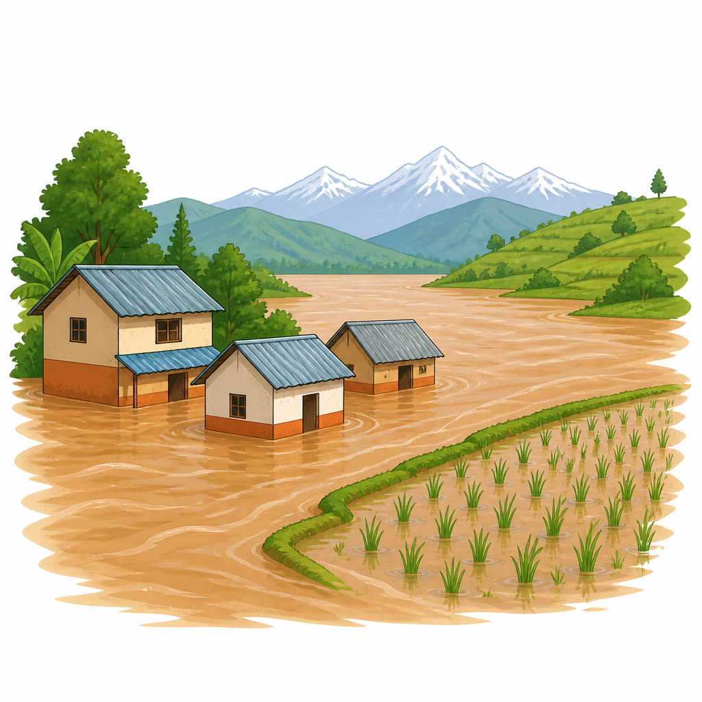 नदीमा पानी बढेपछि किनारका घर र मलिलो खेतबारी डुबेको अवस्था, जुन हिमालको हिउँ पग्लनुसँग जोडिएको छ।