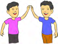 Two boys clapping hands together. Ask: How many close friends do you have?