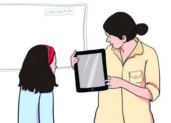 The teacher holds the iPod she has taken, and the student waits to hear the rule.