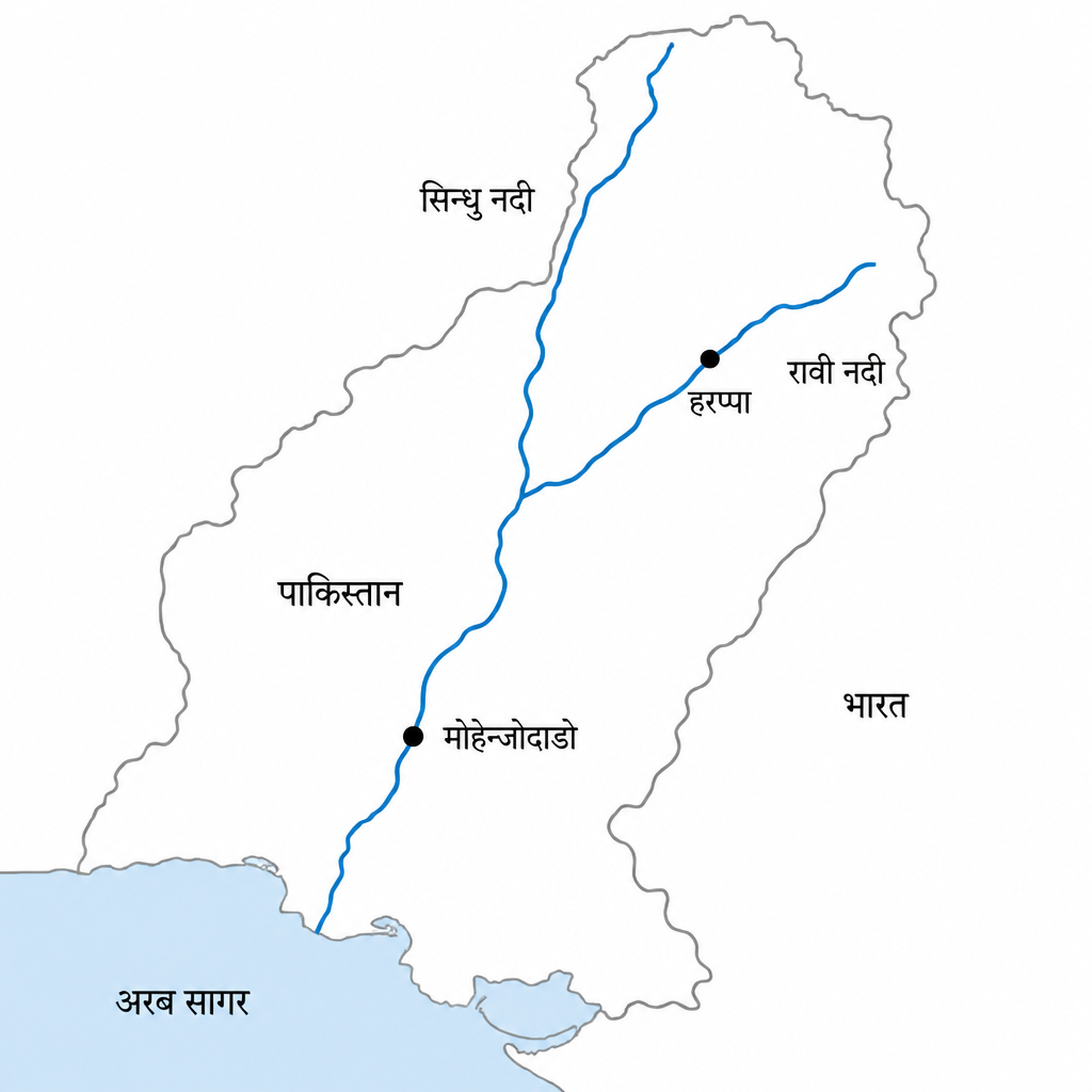 मोहेन्जोदाडो सिन्धु नदीको किनारमा र हरप्पा रावी नदीको किनारमा छ। यी दुवै स्थान हाल पाकिस्तानमा पर्छन्।