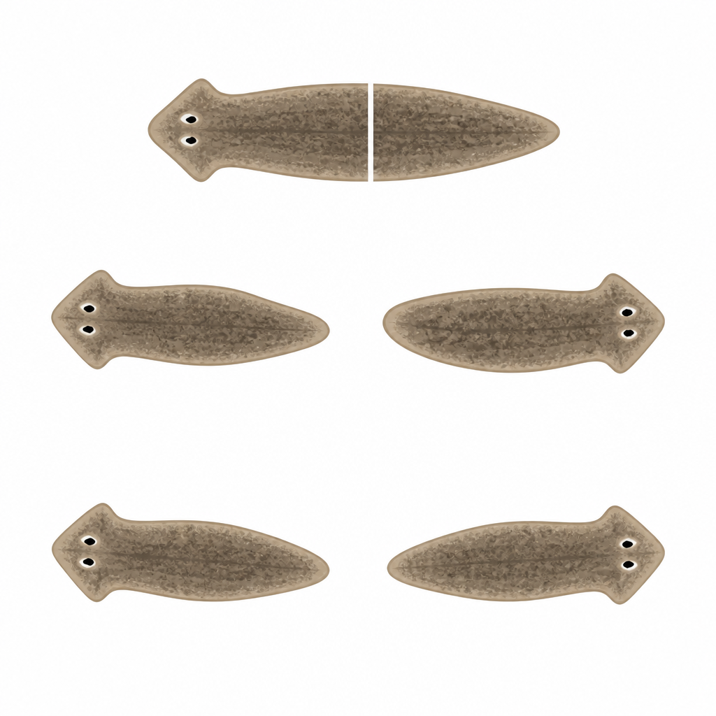 Each piece of a planarian cut across the middle grows back the missing part and becomes a whole animal.