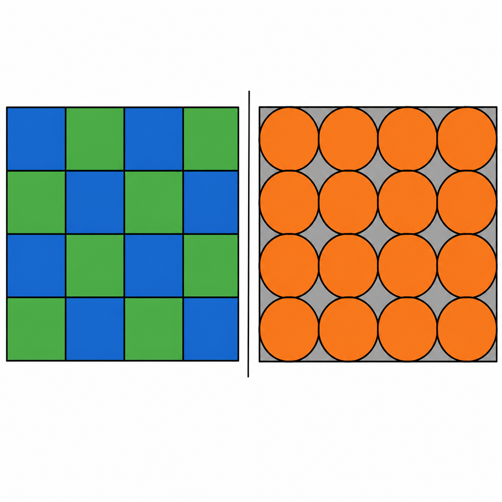 Squares cover the surface completely while circles leave gaps between them, and that difference is exactly what decides whether a shape tessellates.