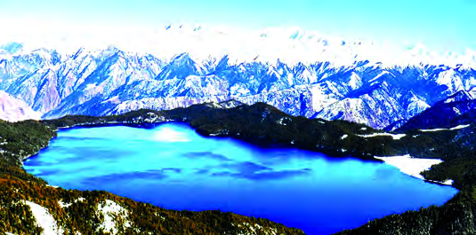 Rara Lake, deep blue under the snow covered mountains of Mugu.