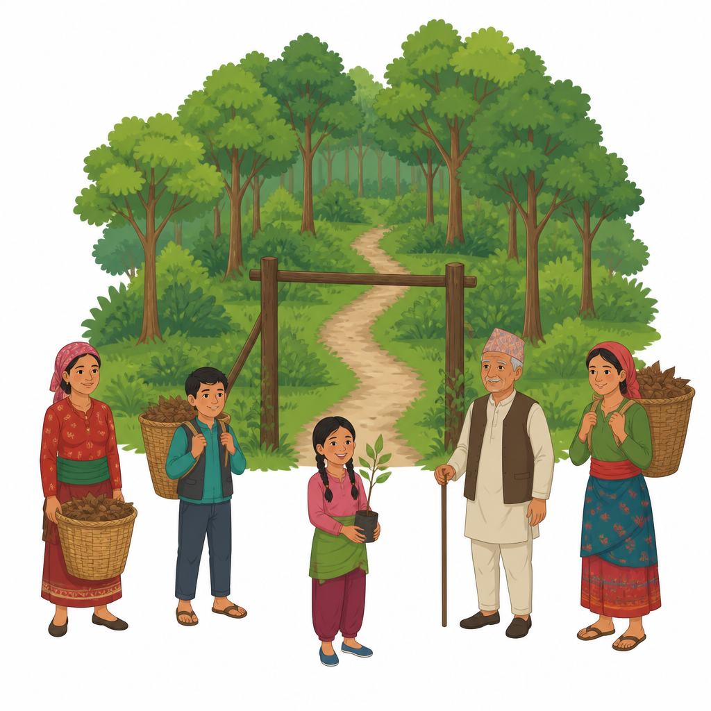A forest cared for by the local community, where the users' group itself makes the rules about cutting trees and collecting leaf litter.