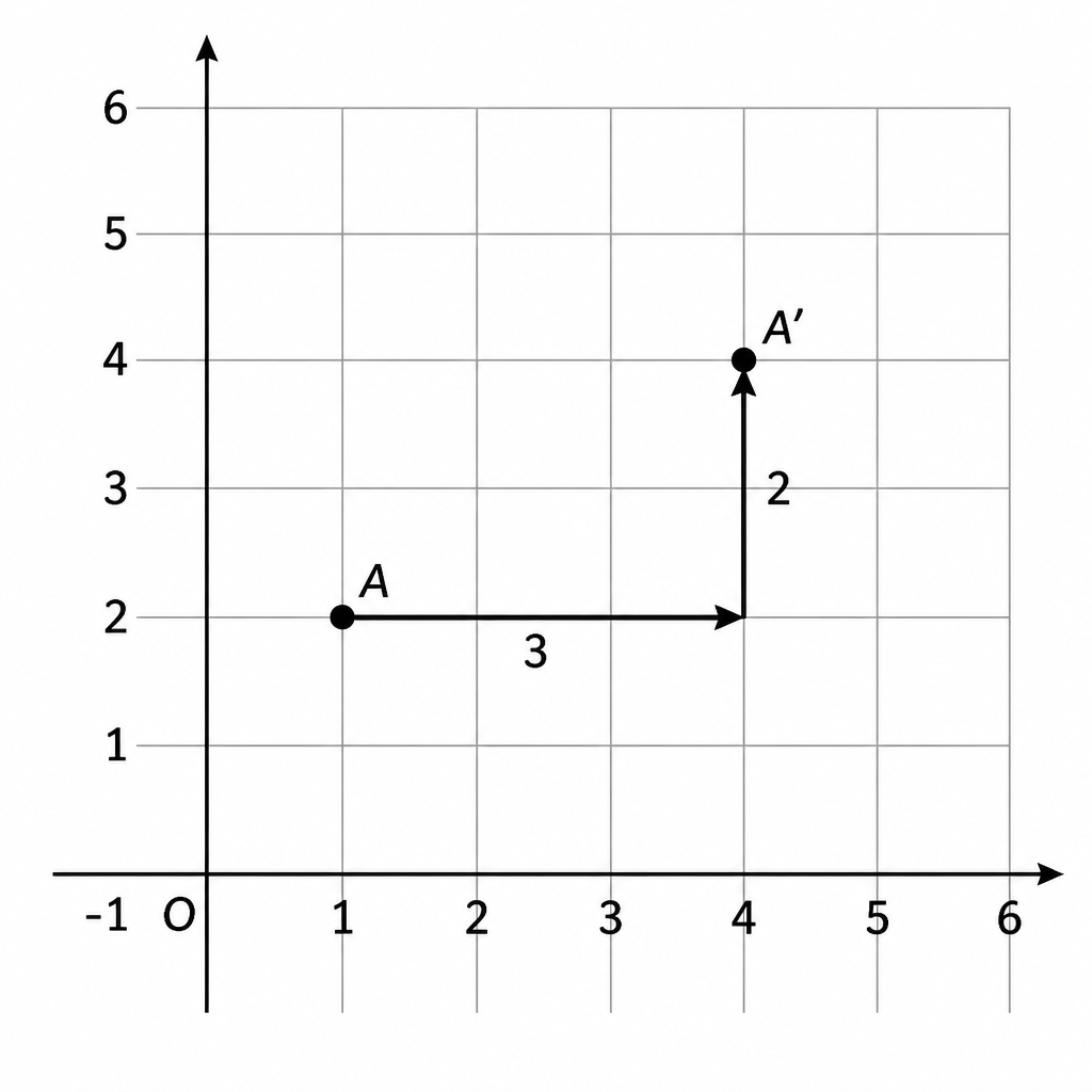 The two arrows show the move as the child would actually count it, three squares along and then two squares up, which words alone cannot make visible.