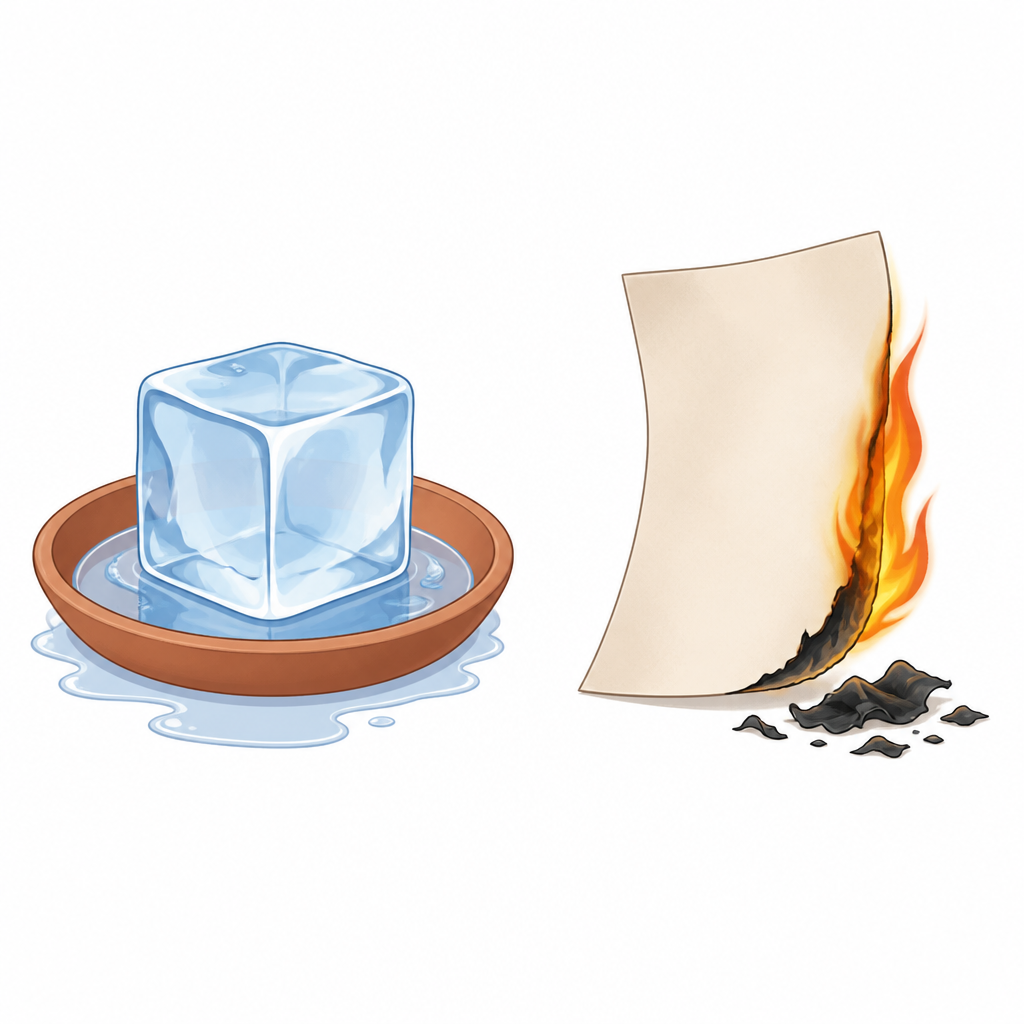 Melting ice beside burning paper. The ice can be cooled back into exactly what it was, while the paper that has turned to ash can never be brought back.