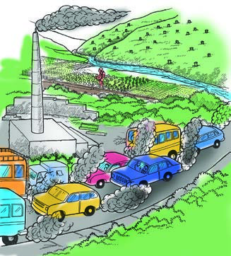 कारखानाको चिम्नी र सडकमा लामबद्ध गाडीबाट निस्केको कालो धुवाँले हावा प्रदूषित गरिरहेको छ।