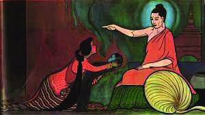 Kisa Gotami kneels before Gautam Buddha with her request. Notice her words in the story: Will you please help me? Even in her deepest grief, her request is polite.