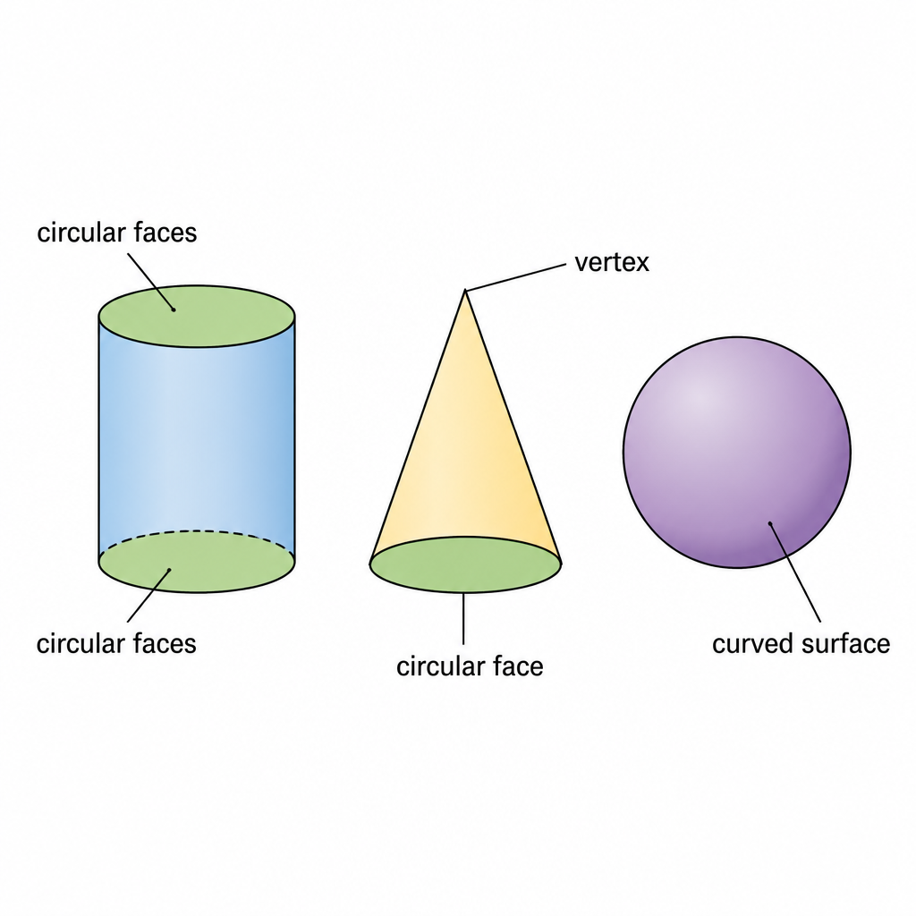 The two circular faces of a cylinder, the single vertex and circular base of a cone, and the one curved surface of a sphere, marked out for comparison.