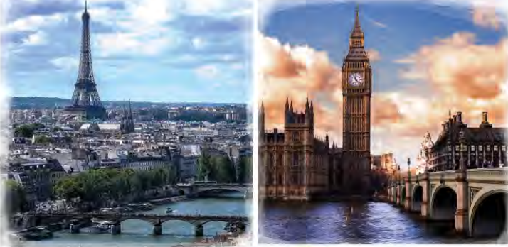 Paris, with the Eiffel Tower rising above the Seine, and London, with Big Ben beside the Thames.