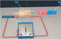 A coil joined to a galvanometer, with a bar magnet ready to be pushed into it. The circuit has no cell, so any current must come from the magnet moving.