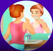 Brushing the teeth in front of the mirror, morning and night.