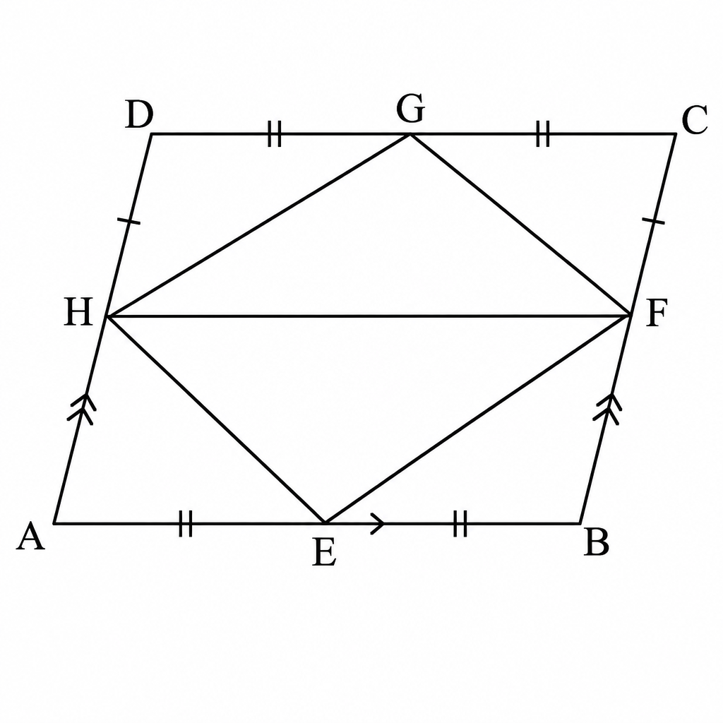 The midpoints E, F, G and H of parallelogram ABCD joined, with HF drawn to split the figure into a lower and an upper part