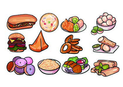 Fast food: burgers, hot dogs, doughnuts, chips, noodles and other packaged snacks.