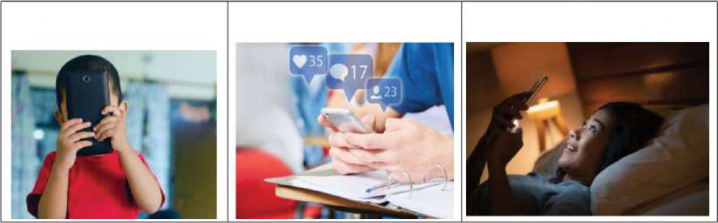 Screens fill every part of the day: a small child hidden behind a phone, a student pulled back again and again by likes, comments and new followers, and a young person still looking at a glowing phone in bed at night.