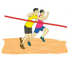 Two runners are almost at the tape. The runner in front is going to win the race.