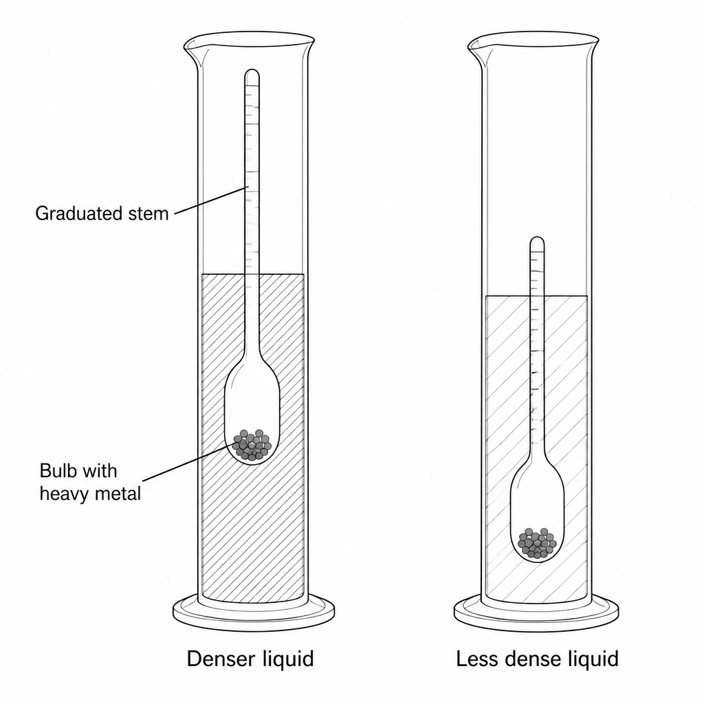 The same hydrometer floats higher in a denser liquid and sinks further in a less dense one.