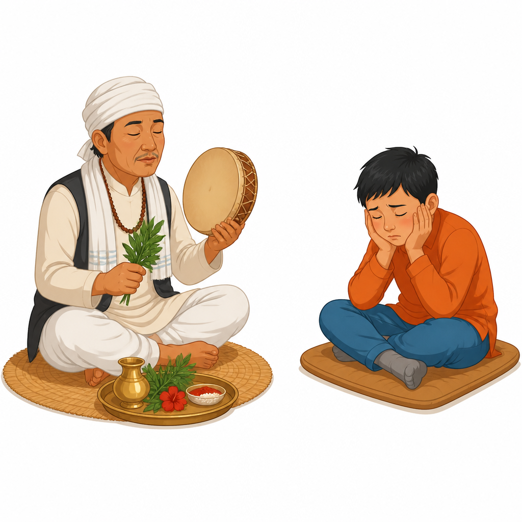 बिरामी बालकलाई औषधोपचारमा नलगी झारफुकमै भर पर्ने चलन अन्धविश्वास कस्तो देखिन्छ भन्ने देखाउँछ ।