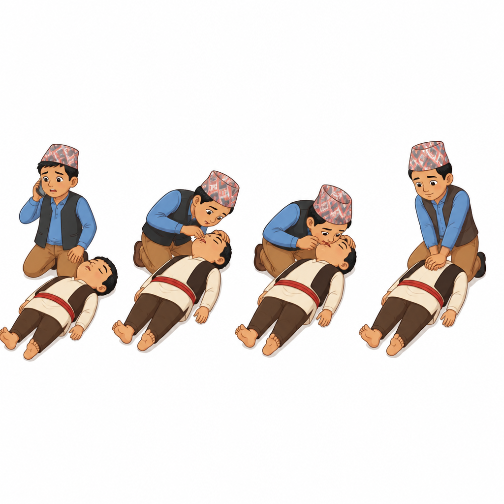 First aid for an unconscious person, shown as four steps in the order they are carried out.