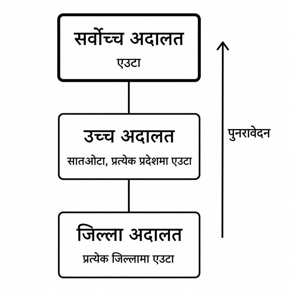 जिल्ला अदालतदेखि सर्वोच्च अदालतसम्मका तीन तह, र चित्त नबुझेको फैसला माथिल्लो अदालततिर पुनरावेदनमा जाने बाटो ।