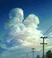 Huge white clouds piling above power lines: cloudy.