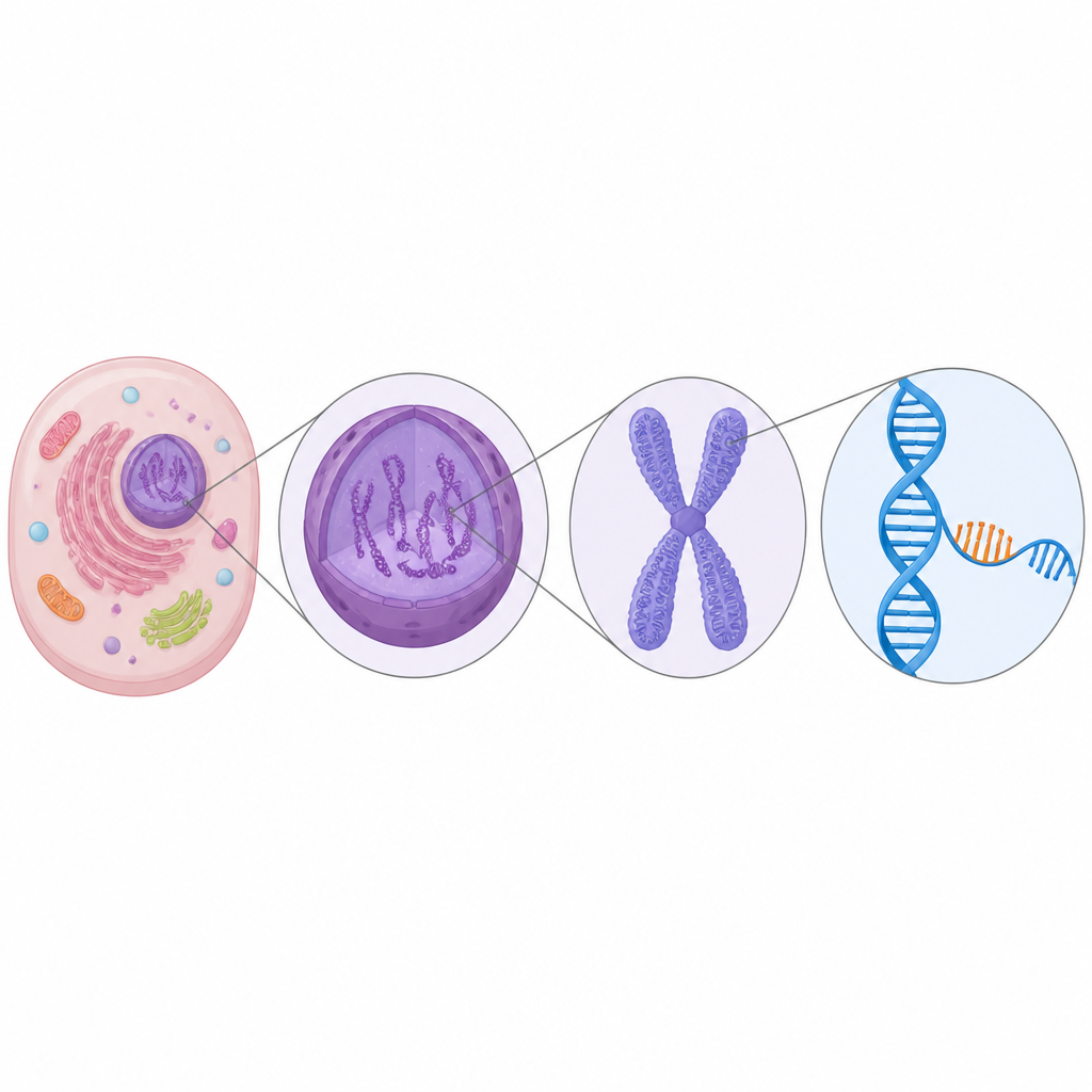 Zooming in from a cell to its nucleus, to one chromosome, to the DNA it is made of. The short stretch of DNA in a different colour is a gene.
