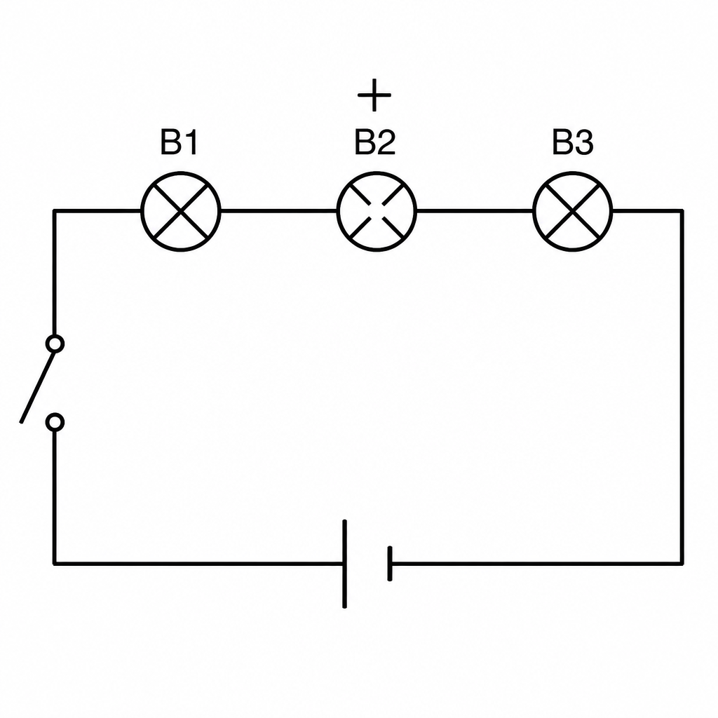 With three bulbs on one single path, a break in the middle bulb breaks the path and all three go dark.