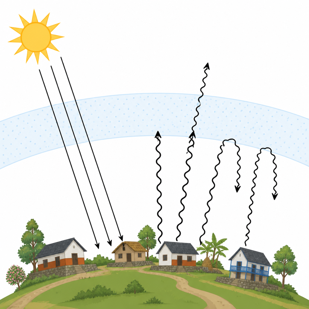 Solar radiation passes through the atmosphere to the ground, but much of the heat rising from the ground is turned back down by the layer of greenhouse gases.