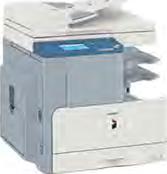 A photocopy machine, with the glass under the lifting cover on top and the paper tray at the front.